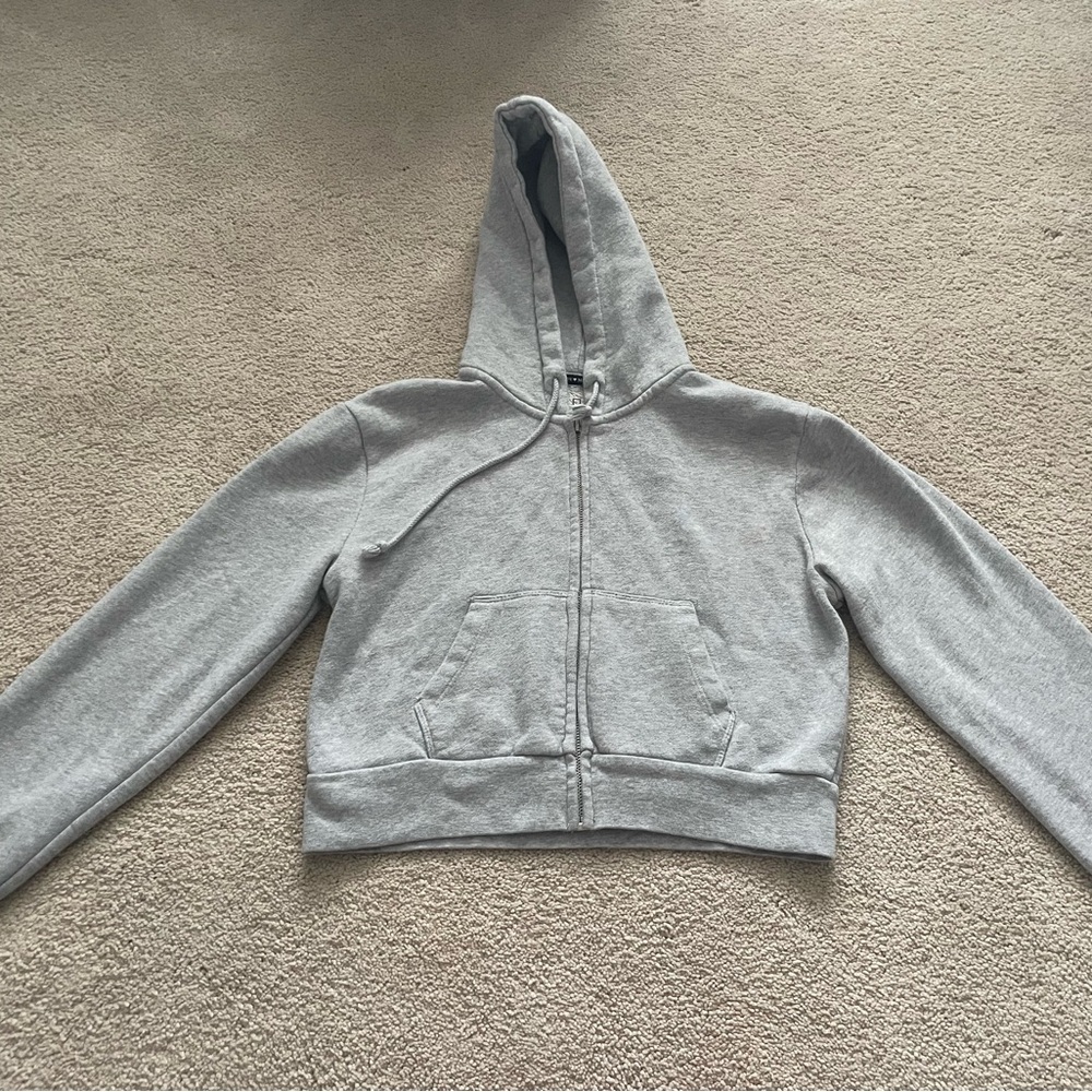 Brandy Melville Light Gray Cropped Hoodie Zip Up Jacket